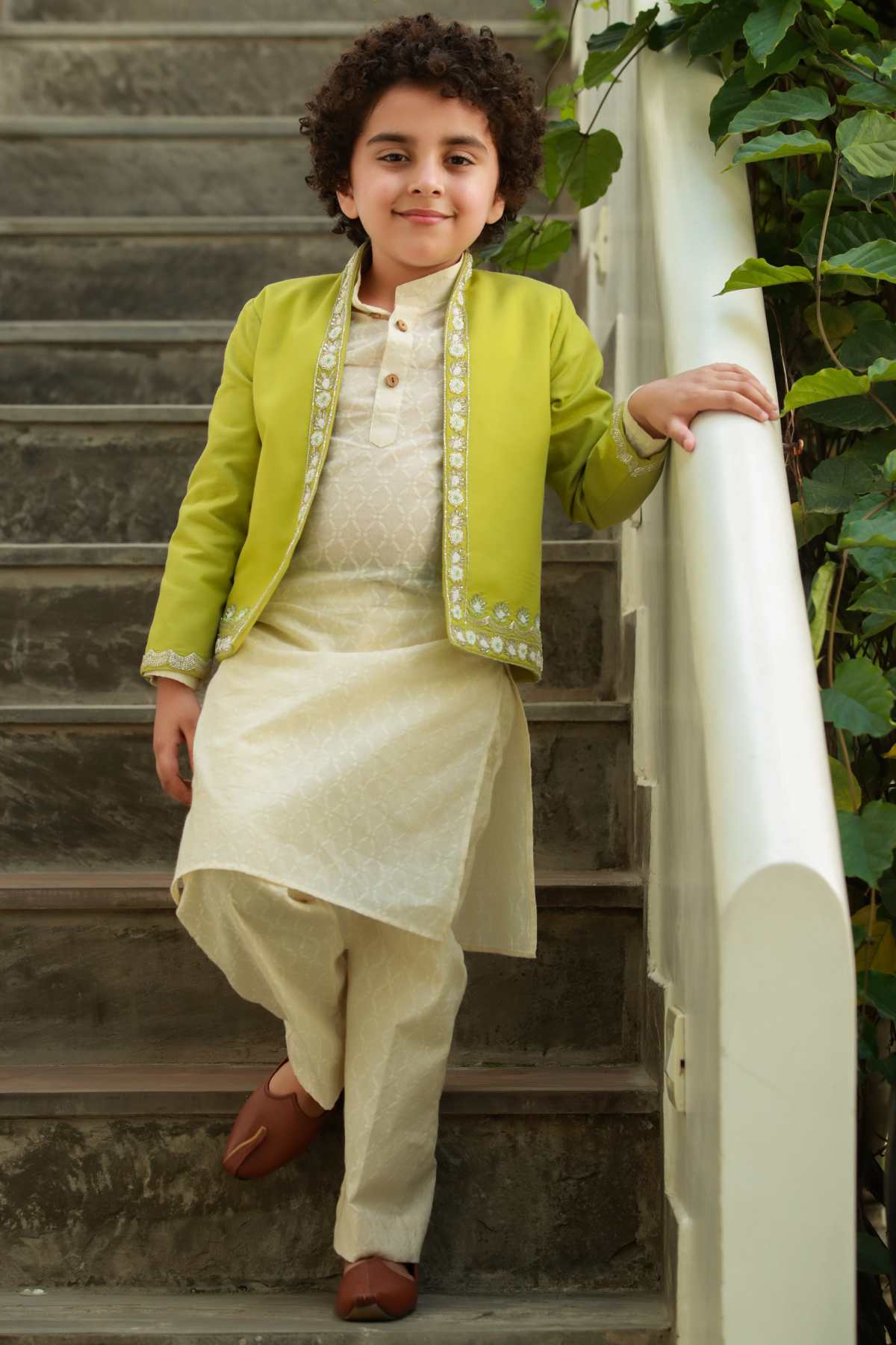 Buy Kids Designer Littleens Embroidered jacket with geometric pattern kurta and trousers Online at ScrollnShops